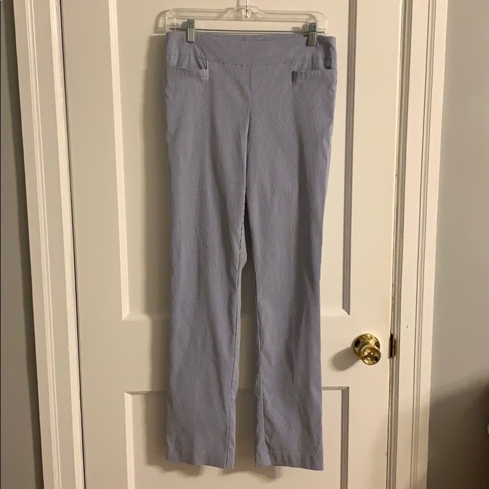 Blue & white seersucker type trousers Kim Rogers